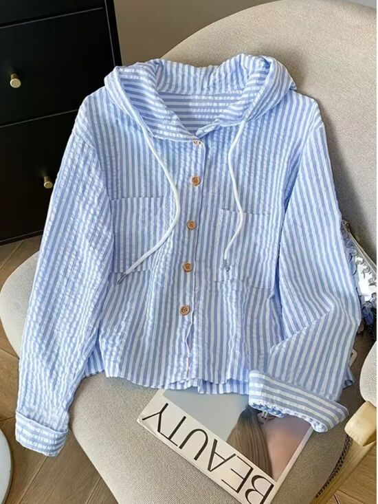 Tops - NWT Blue White Striped Seersucker Style Hooded Shirt Jacket